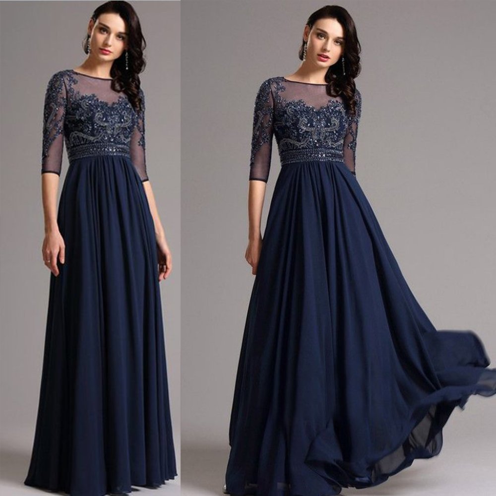 Aspeed Half Sleeves Crystals Chiffon Dark Navy Formal Evening Gown